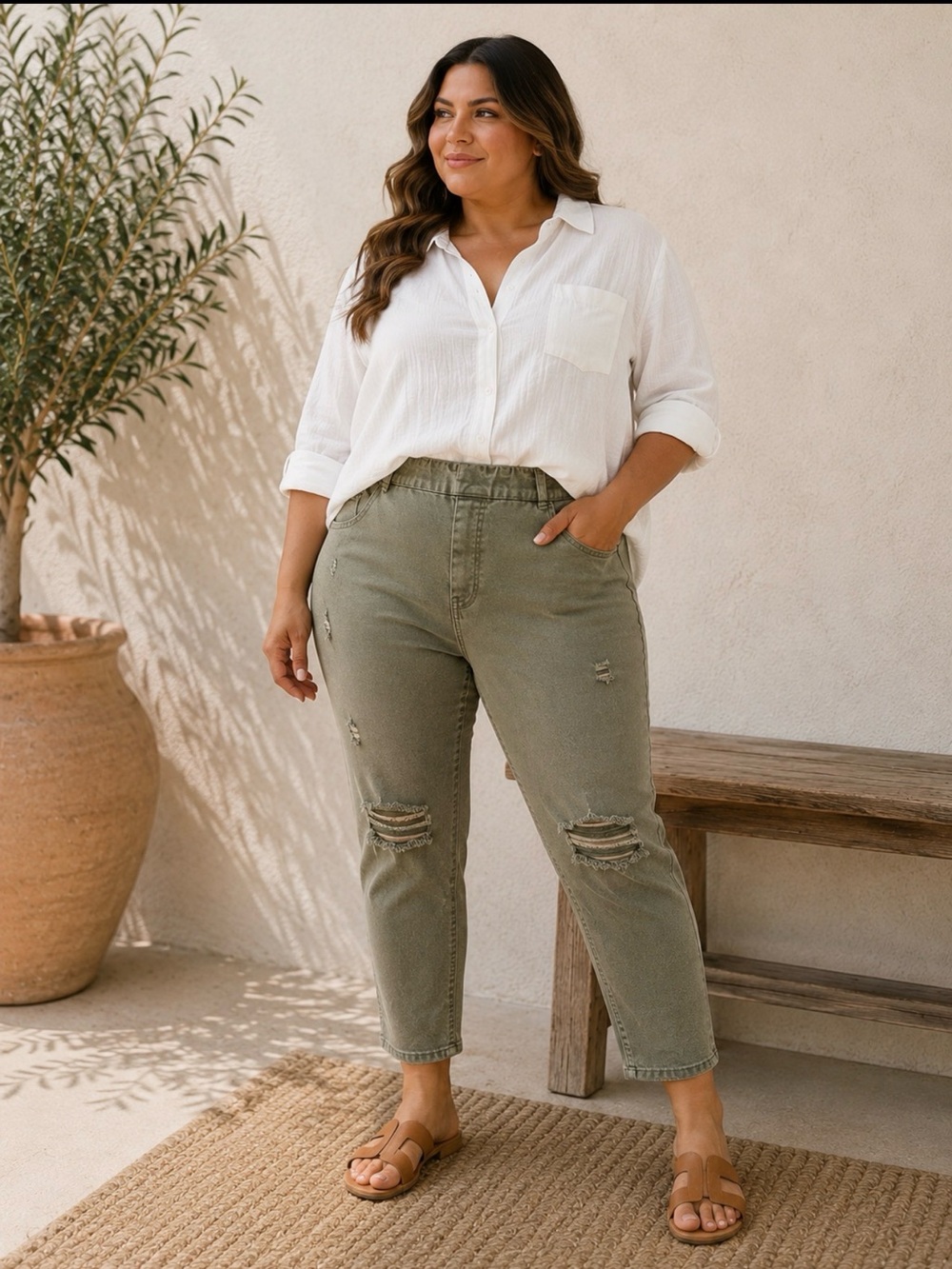 Westbound Woman Plus Size 22W Olive Green Distressed Ankle Jeans